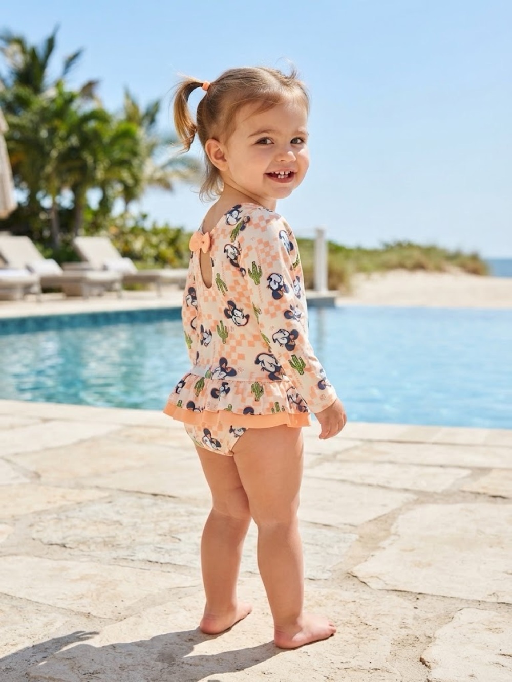 Disney Peach Floral & Cactus Long-Sleeve Rash Guard One Piece Swimsuit 🩱